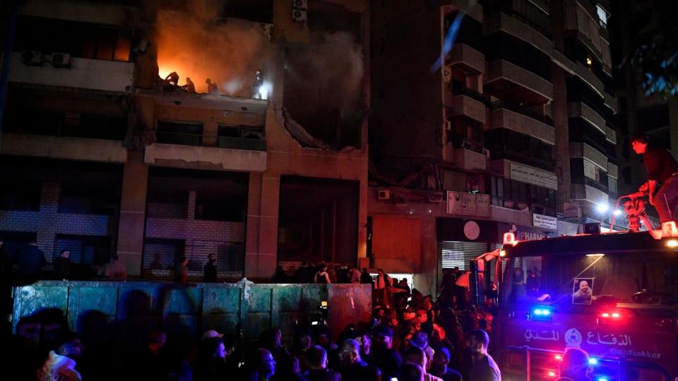 PHOTO: Emergency services pictured at the site of an explosion in the southern district of Dahiyeh, Beirut, Lebanon, Jan. 2, 2024.  (Abbas Salman/EPA via Shutterstock)