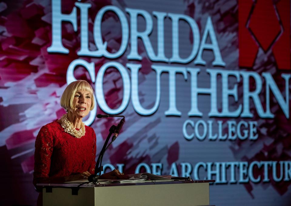 Anne Kerr, president of Florida Southern College, announces the formation of a new School of Architecture at Florida Southern during a special event in the Ordway Building on campus in Lakeland. The program is funded by an anonymous donor.