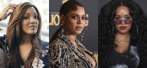 This combination photo shows from left, Mickey Guyton, Beyonce Knowles and H.E.R., whose songs about the Black experience all landed Grammy nominations Tuesday. (AP Photo)