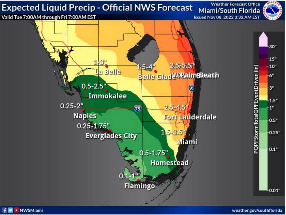 South Florida will likely see less rain than North Florida from Tropical Storm Nicole, with the heaviest totals Wednesday and Thursday.