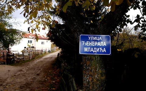 A sign reading "General Mladic Street" hangs on a tree in the village where the former Bosnian Serb military commander Ratko Mladic was born - Credit: Davo Ruvic/Reuters