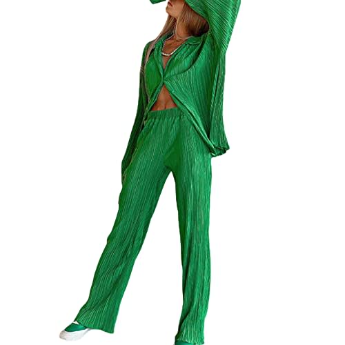 Franhais Wide Leg Pants Sets Women 2 Piece Outfits Casual Long Sleeve Button Down Shirt Linen Pants Outfits Fashion Streetwear (Clear Green, S)