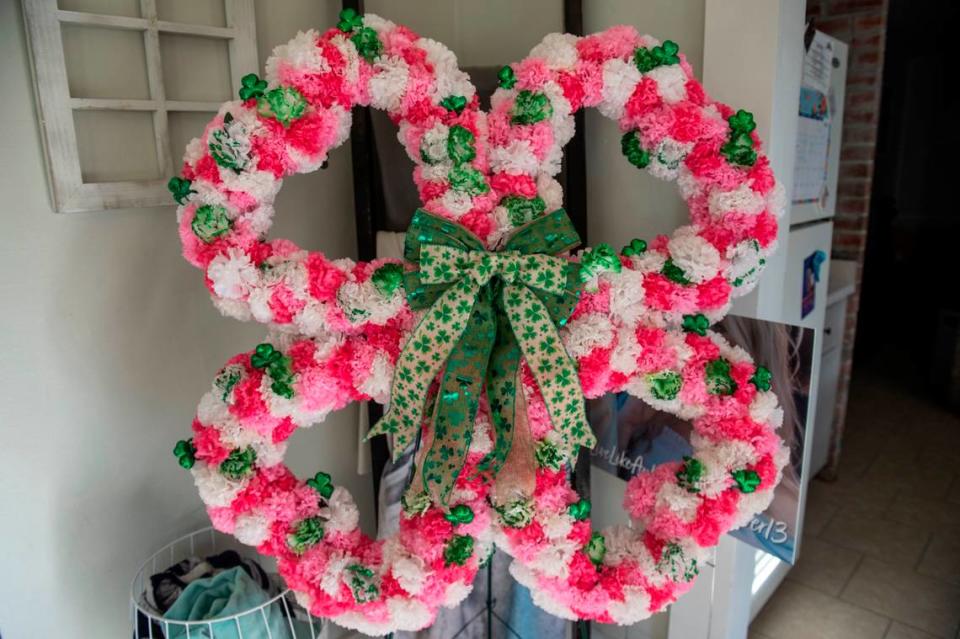 A four-leaf clover wreath Heather Wyatt had made following Aubreigh’s death stands inside her home in Ocean Springs on Tuesday, March 12, 2024. The clover is in honor of Aubreigh’s birthday on St. Patrick’s Day.