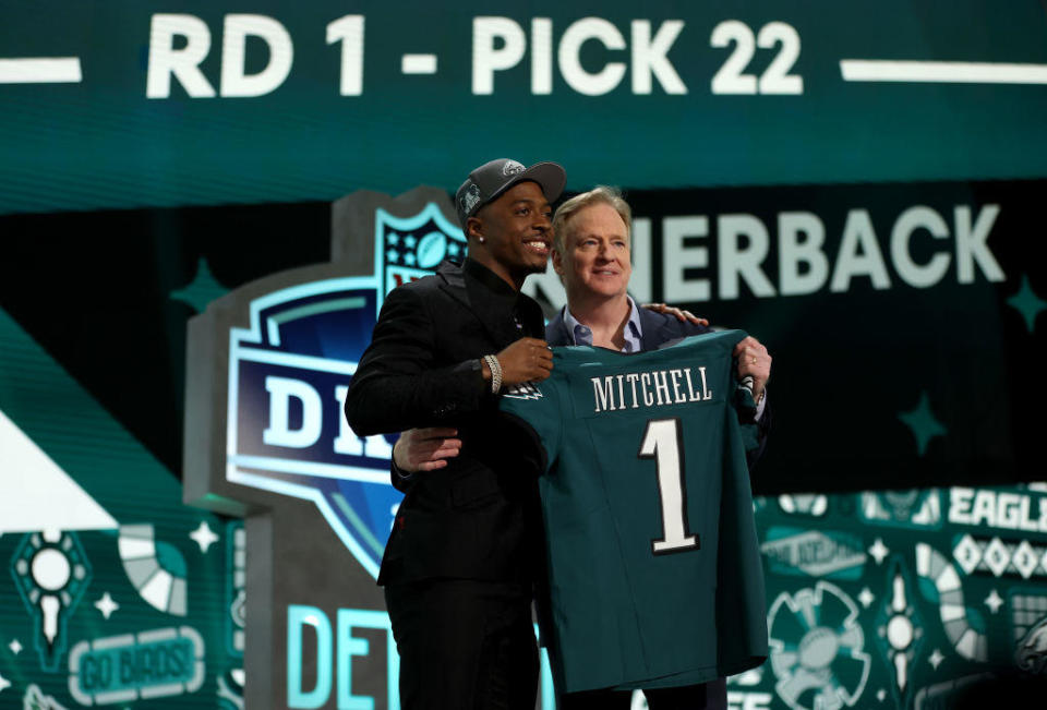 Quinyon Mitchell poses with NFL Commissioner Roger Goodell after being selected 22nd overall by the Philadelphia Eagles during the first round of the 2024 NFL Draft at Campus Martius Park and Hart Plaza on April 25, 2024 in Detroit, Michigan. / Credit: Getty Images