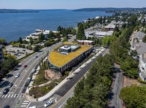 The Lakeview Office Building has been designed to be a sustainable, welcoming, and flexible office building in dialogue with Kirkland’s waterfront, commercial district, and the adjacent residential neighborhood. The project features wood in signature spaces, and includes a generous living roof, two levels of office space, and two levels of underground parking, complementing the civic scale of the neighborhood while minimizing the impact on views of the surrounding context. © Adam Hunter/LMN Architects.