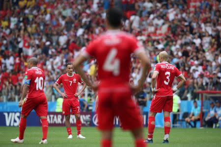 Soccer Football - World Cup - Group G - Belgium vs Tunisia - Spartak Stadium, Moscow, Russia - June 23, 2018 Tunisia's Saif-Eddine Khaoui and team mates react after conceding their fifth goal scored by Belgium's Michy Batshuayi REUTERS/Albert Gea