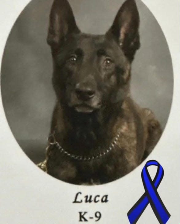 K9 Luca was remembered by DeSoto County Sheriff's Department during a service on Wednesday, Feb. 28, 2024. Luca was killed on Feb. 21, 2024.