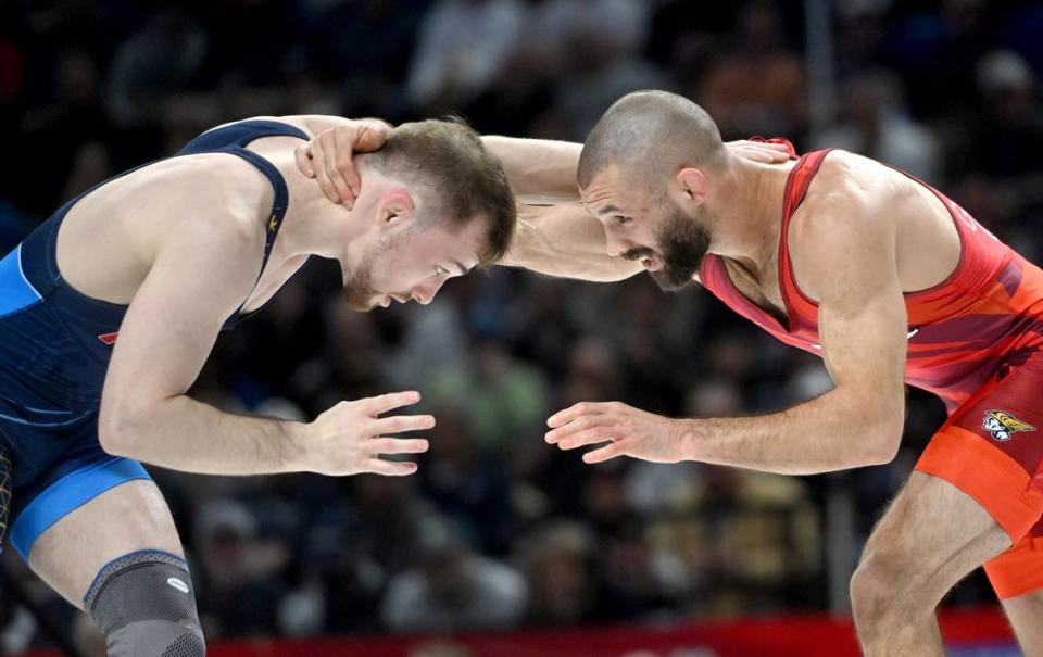 Spencer Lee faces Thomas Gilman in the second of their best-of-three series final in 57 kg during the U.S. Olympic Team Trials at the Bryce Jordan Center on Saturday, April 20, 2024. Lee won by fall at 5:58.