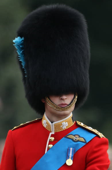 Prince William wore an exciting bearskin hat with a blue feather while on horseback