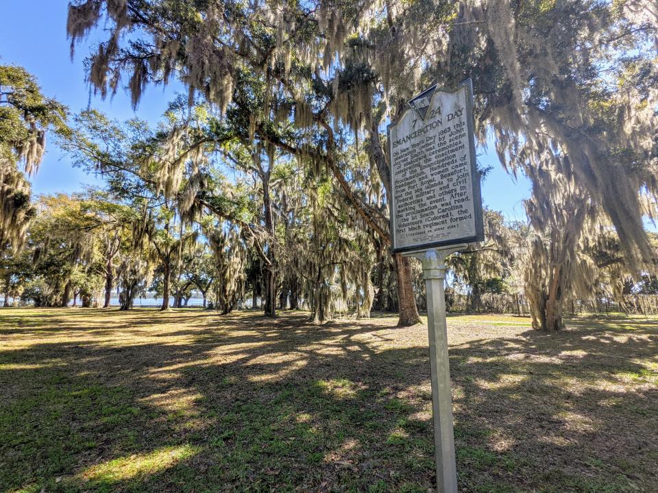 A historic marker at Reconstruction Era National Historical Park in Beaufort, South Carolina commemorates the Jan. 1, 1863 reading of the Emancipation Proclamation at what was then a plantation.