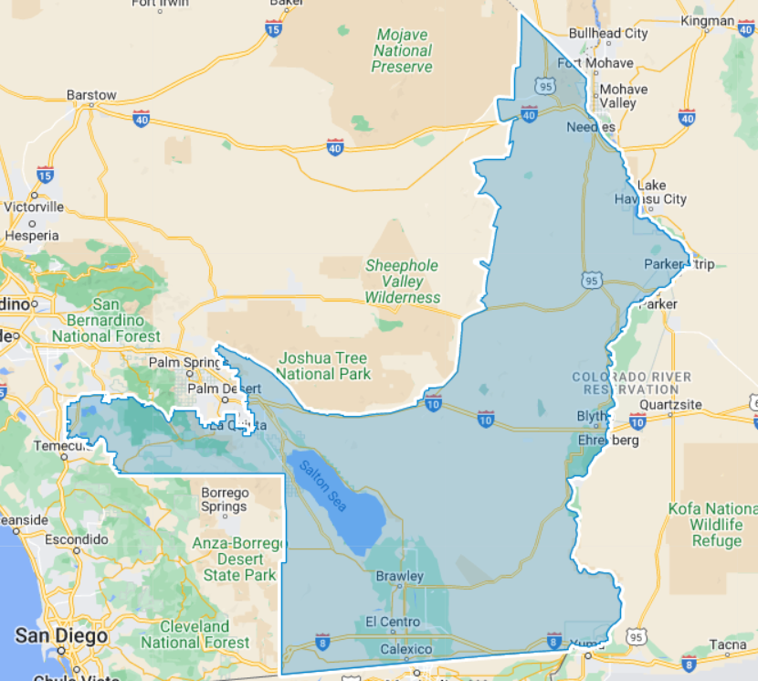 A map shows the boundaries of Assembly District 36 for the California Legislature. Assemblymember Eduardo Garcia, D-Coachella, is not seeking re-election in the district in 2024, and seven candidates are vying to replace him.