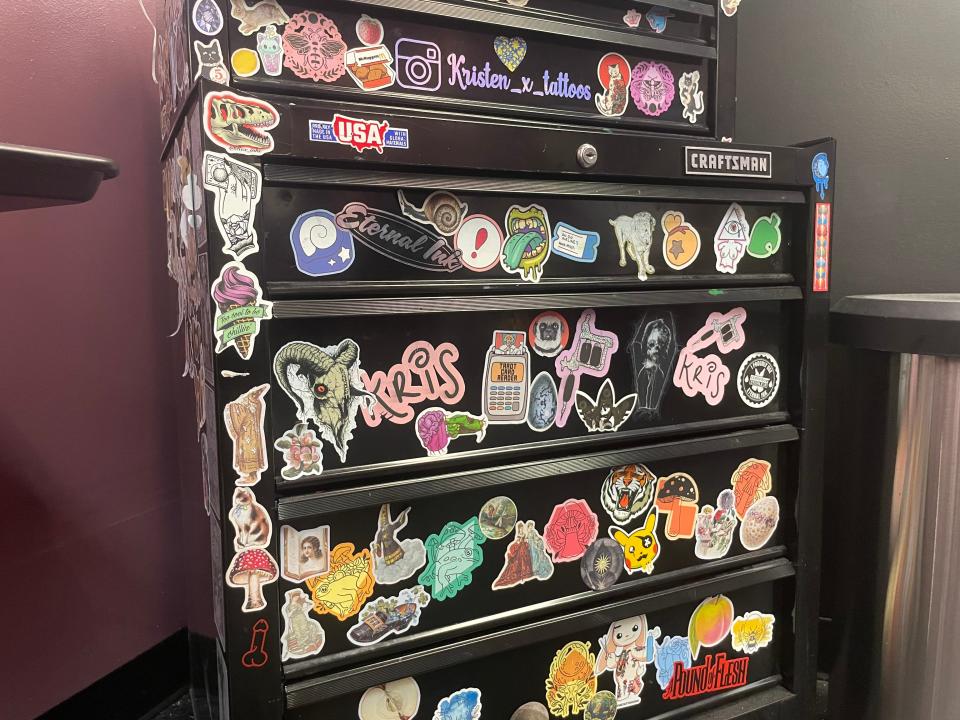 Kris Klepak's storage box at her tattoo station at Ruby Tattoo on Jan. 31, 2023.