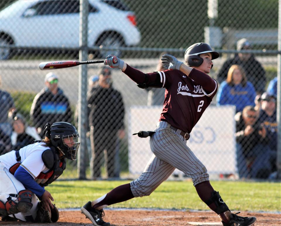 John Glenn's Colt Emerson hits a two-run double during a four-run fourth inning against West Muskingum. Emerson was voted the OHSBCA Division II Player of the Year, as the All-Ohio teams were announced earlier this month.