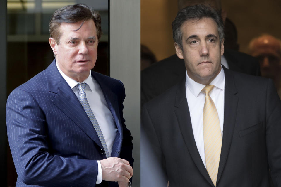 In these 2018 file photos, Paul Manafort leaves federal court in Washington, left and attorney Michael Cohen leaves federal court in New York. The one-two punch ahead of the midterm elections _ the plea from former Trump lawyer Cohen and the fraud conviction of one-time campaign chairman Manafort _ is presenting the biggest loyalty test yet for Republicans who have been reluctant to criticize the president. (AP Photo/File)