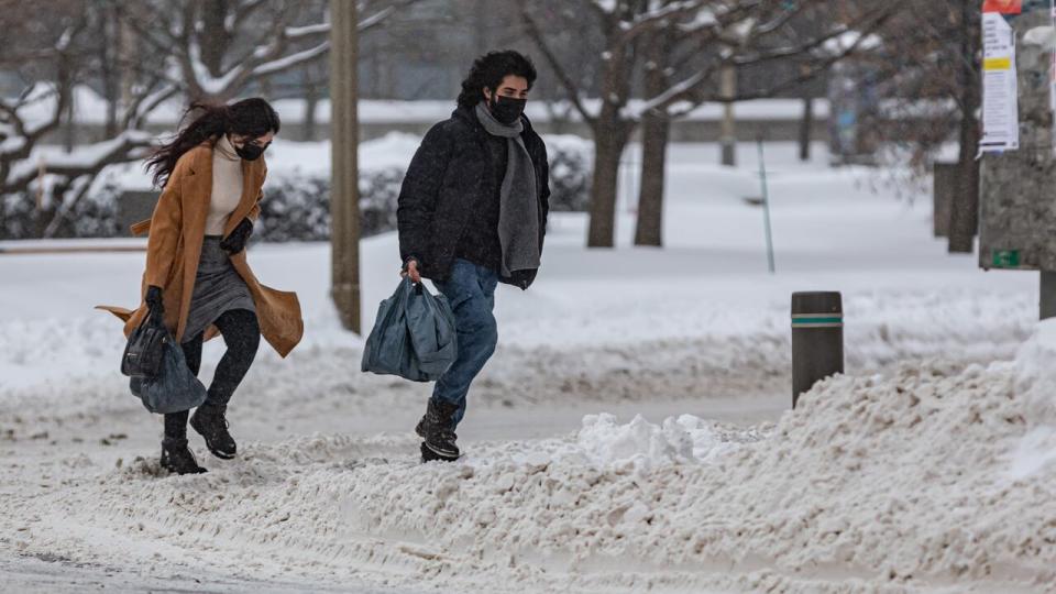 A masked-up pair walks in downtown Ottawa on a snowy Feb. 16, 2021. (Brian Morris/CBC - image credit)
