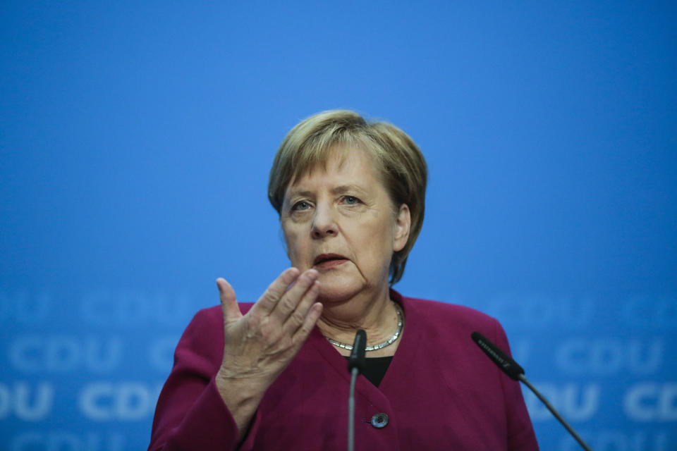 German Christian Democratic Party, CDU, chairwoman and Chancellor Angela Merkel addresses the media during a news conference after a party's leaders meeting at the headquarters the in Berlin, Germany, Monday, Oct. 29, 2018. (AP Photo/Markus Schreiber)