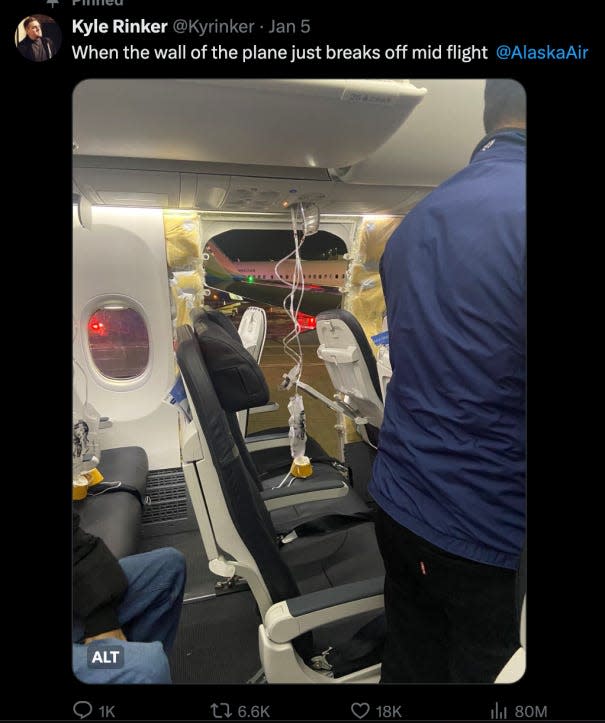 A screenshot of a tweet from Kyle Rinker shows a hole in the side of Alaska Airlines Flight 1282 and oxygen masks deployed.