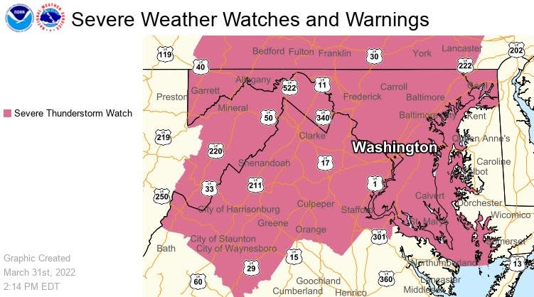 The National Weather Service has issued a severe thunderstorm watch until 10 p.m. Thursday for the Tri-State area.