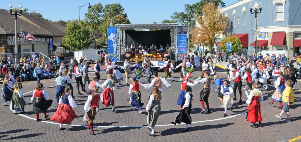The Lindsborg Swedish Folk Dancers dance with alumni of the dance group during the 2019 Svensk Hyllningsfest. This year's festival is taking place in Lindsborg on Oct. 13 and 14.