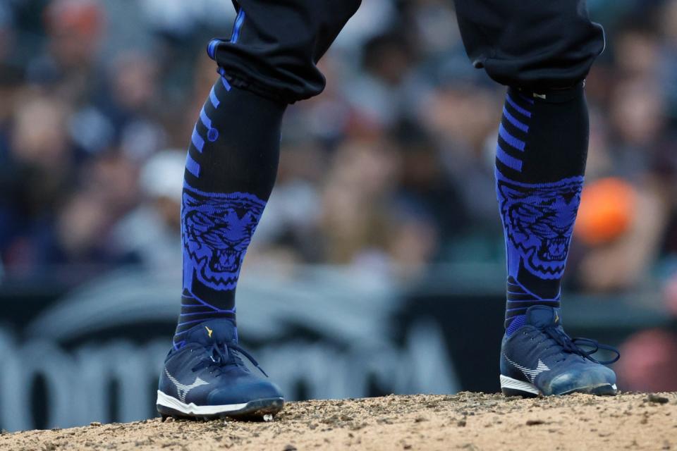 Detail of the socks worn by Tigers pitcher Andrew Chafin in the eighth inning of the Tigers' 5-2 loss on Friday, May, 10, 2024, at Comerica Park.