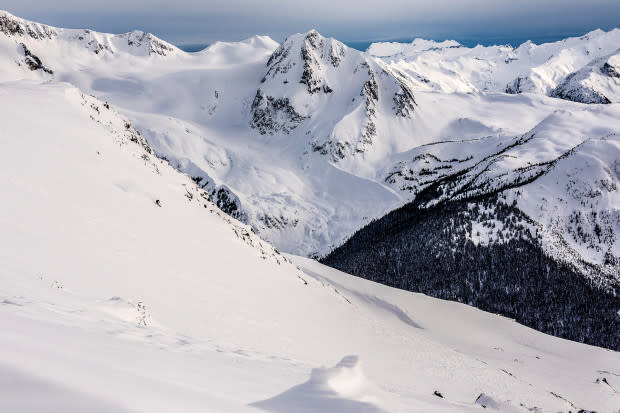 Robert Aaring skis amongst the open views of Fissile Peak deep in the Range.<p>Photo: Guy Fattal</p>