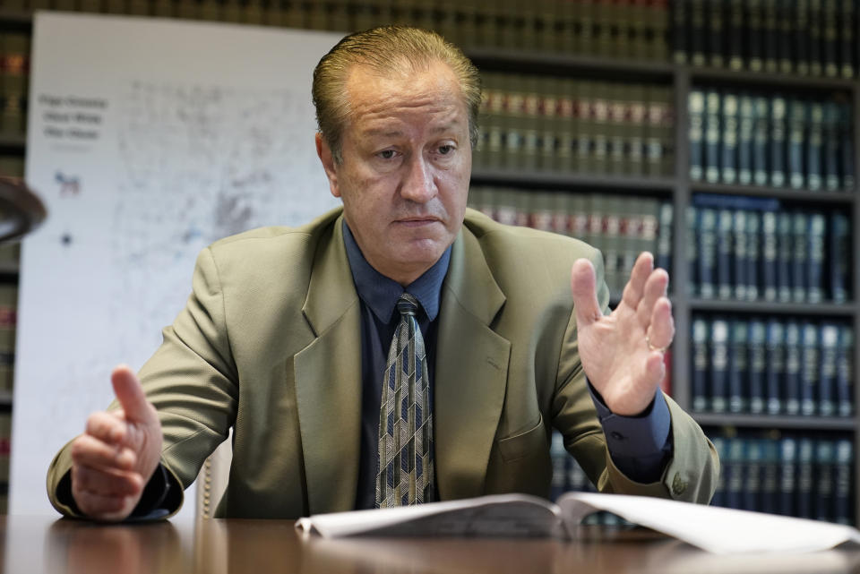 Joe Etling speaks about the vote totals from the past election, Wednesday, Nov. 11, 2020, in Terre Haute, Ind. Etling has run the county's Democratic party for 24 years. (AP Photo/Darron Cummings)