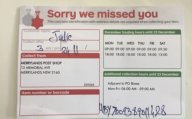 This is the 'Sorry we missed you' slip the Australian postman left at Mrs Salama's door without knocking. Photo: Julie Salama