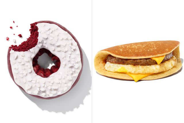 <p>Courtesy of Dunkin'</p> Dunkin' fans can grab a new red velvet donut or returning pancake wake-up wrap