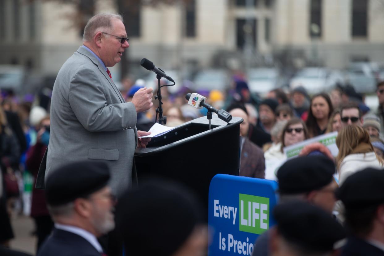 Kansas Speaker of the House Rep. Dan Hawkins, R-Wichita, speaks at the March for Life event Wednesday outside the Kansas Statehouse.