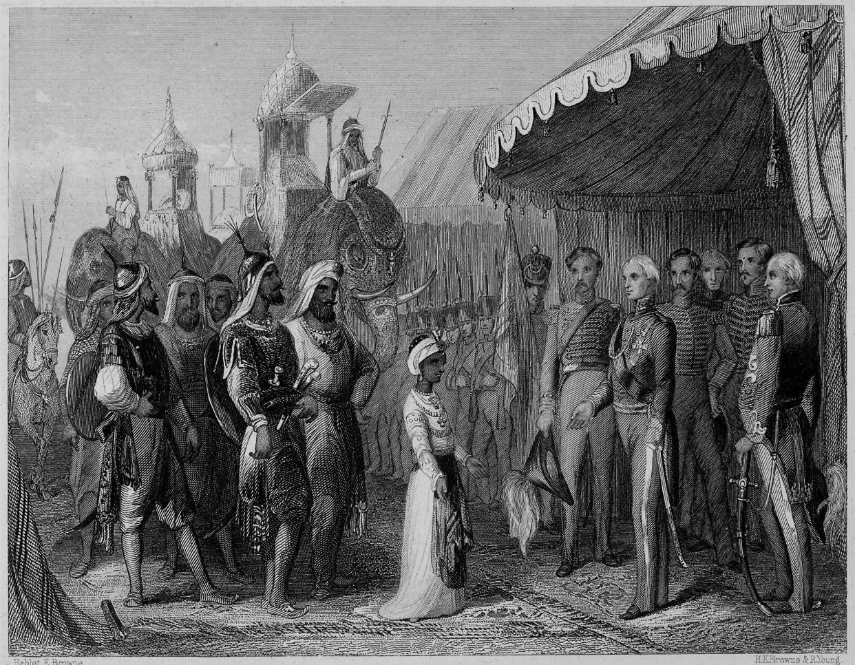 The submission of the Maharajah Duleep Singh to Sir Henry Hardinge as the battle of Sobraon ends the 1st Sikh War in India in 1846
