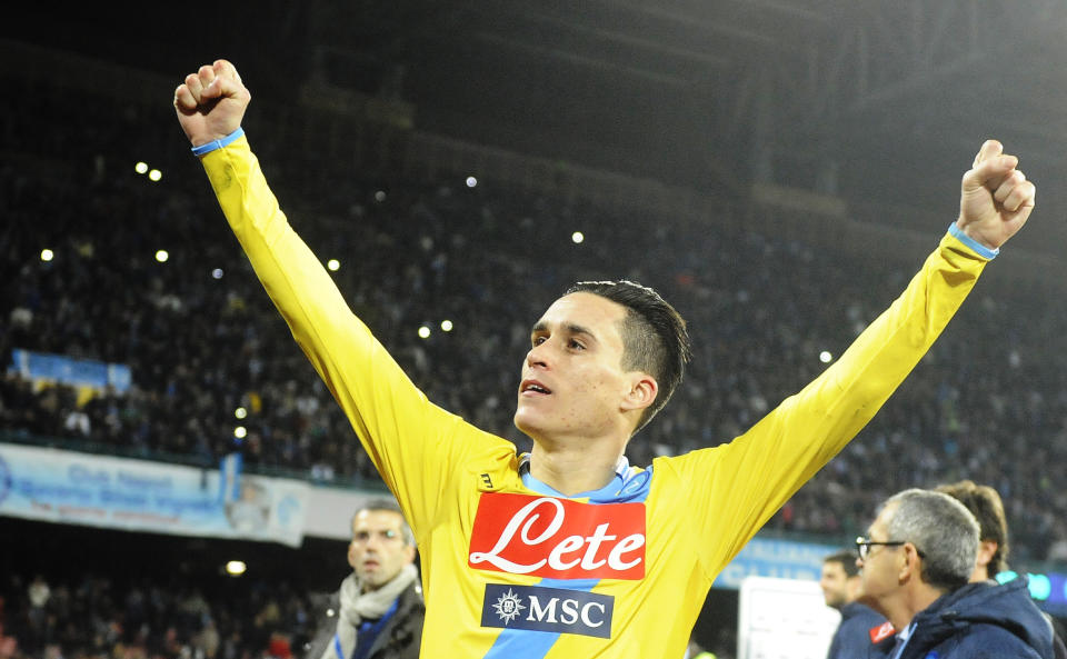 Napoli's José Callejón, who scored first goal, celebrates at the end of an Italian Cup, semifinal return match, between AS Roma and Napoli, at the San Paolo stadium in Naples, Italy, Wednesday, Feb. 12, 2014. Napoli won 3 - 0 to advance to the final. (AP Photo/Salvatore Laporta)