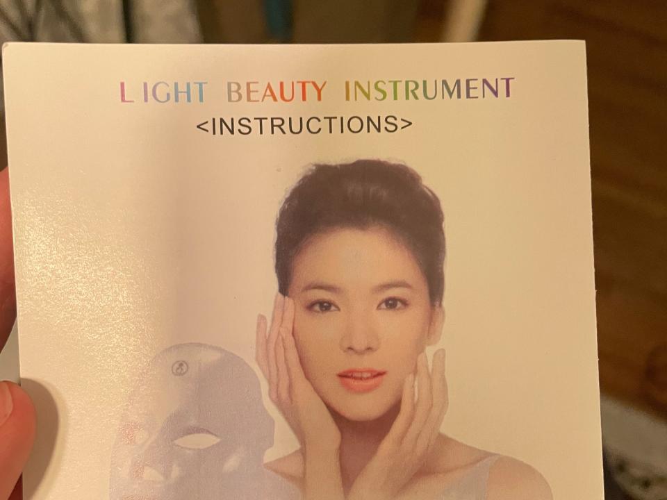 A manual that says "light beauty instrument: instructions" with a woman's face and an LED face mask near it.