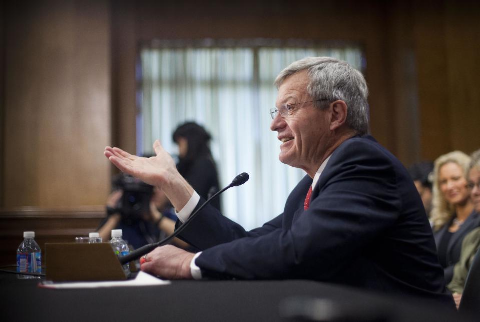 Retiring Montana Sen. Max Baucus testifies on Capitol Hill in Washington, Tuesday, Jan. 28, 2014, before the Senate Foreign Relations Committee hearing on his nomination to become US ambassador to China. Tuesday's hearing by the Senate Foreign Relations Committee was a switch for the six-term Democrat from Montana. As chairman of the Senate Finance Committee, Baucus is used to vetting nominees. On Tuesday he will be answering questions. (AP Photo/Pablo Martinez Monsivais)