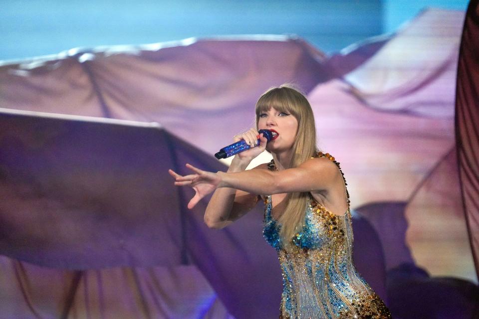 Taylor Swift performs for the fourth night of the Eras Tour in Los Angeles on Aug. 7, 2023. Swift is ending the first U.S. leg of her tour with a six-night stint at SoFi Stadium.