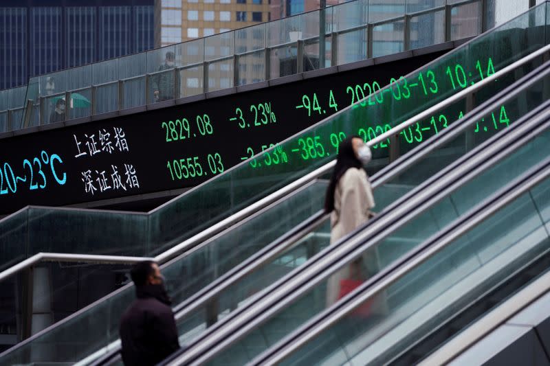 FILE PHOTO: Pedestrians wearing face masks ride an escalator near an overpass with an electronic board showing the Shanghai and Shenzhen stock indexes in Shanghai