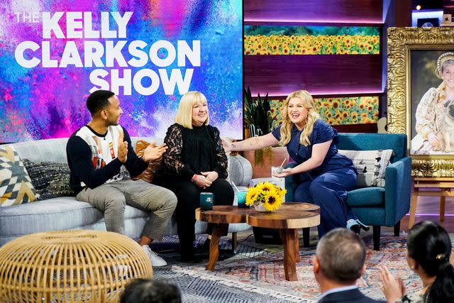 <p>Adam Christopher/NBCUniversal/NBCU Photo Bank/NBCUniversal/Getty</p> John Legend, Kelly Clarkson and her mom Jeanne Taylor on 'The Kelly Clarkson Show'.