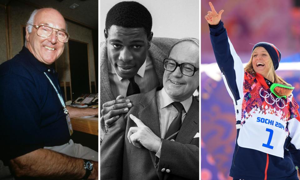 <span>Murray Walker; Frank Bruno with Harry Carpenter; and snowboarder Jenny Jones.</span><span>Composite: Guardian Picture Desk</span>