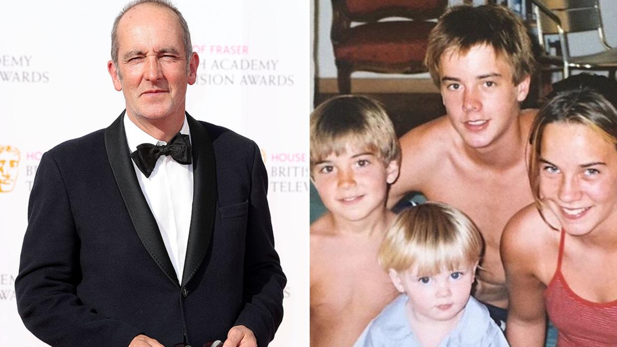 Split image of Kevin McCloud in a black tuxedo and four young children