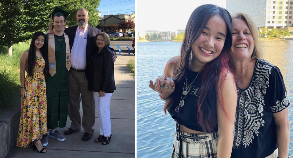 Irene's with her brother, father and mother (left) and Irene with her mother, Mandy (right). 