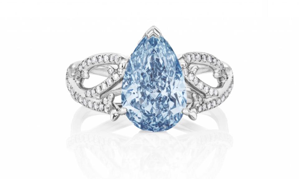 <p>De Beers Volute Ring with Pear Cut Fancy Vivid Blue Diamond, price upon request, <a rel="nofollow noopener" href="http://www.debeers.com/high-jewellery/bespoke-classics/1888-master-diamonds/volute-ring-with-pear-cut-fancy-vivid-blue-diamond" target="_blank" data-ylk="slk:debeers.com;elm:context_link;itc:0;sec:content-canvas" class="link ">debeers.com</a> </p>