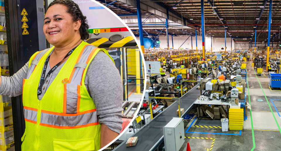 Insert of Amazon worker next to photo of Amazon factory