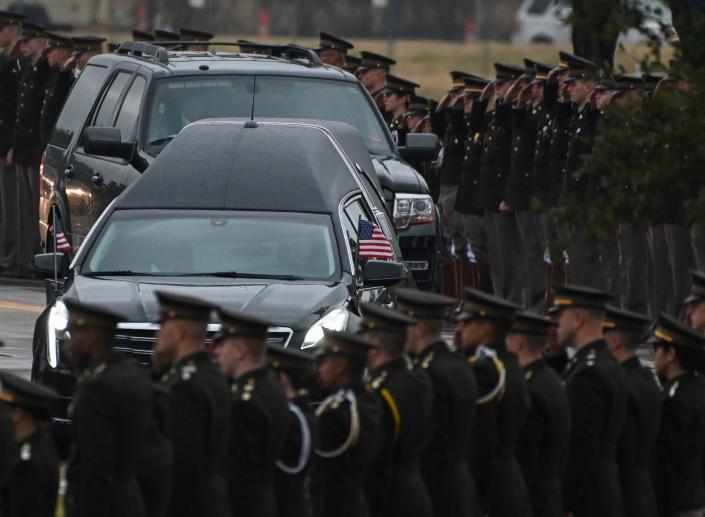The hearse carrying the body of former US President George H.W. Bush arrives for the internment ceremony at the George H.W. Bush Presidential Library and Museum in College Station, Texas, on Dec. 6, 2018. (Photo: Andrew Caballero-Reynolds/AFP/Getty Images)