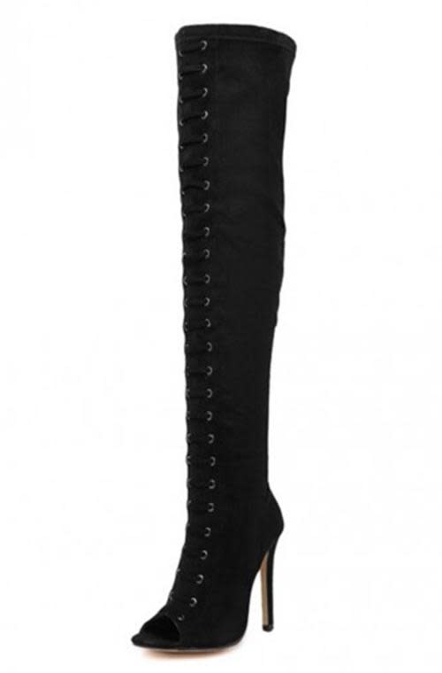 Black suedette lace up front peep toe heeled thigh high boots.<br> <a rel="nofollow noopener" href="http://www.polyvore.com/black_suedette_lace_up_front/thing?id=165788246" target="_blank" data-ylk="slk:Buy here;elm:context_link;itc:0;sec:content-canvas" class="link ">Buy here</a>
