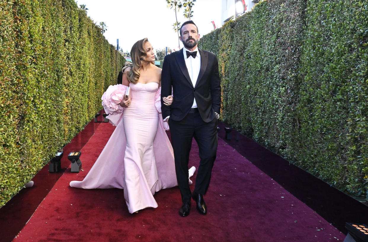 Jennifer Lopez and Ben Affleck at the 81st Golden Globe Awards held at the Beverly Hilton Hotel on January 7, 2024 in Beverly Hills, California. (Photo by Earl Gibson III/Golden Globes 2024/Golden Globes 2024 via Getty Images)