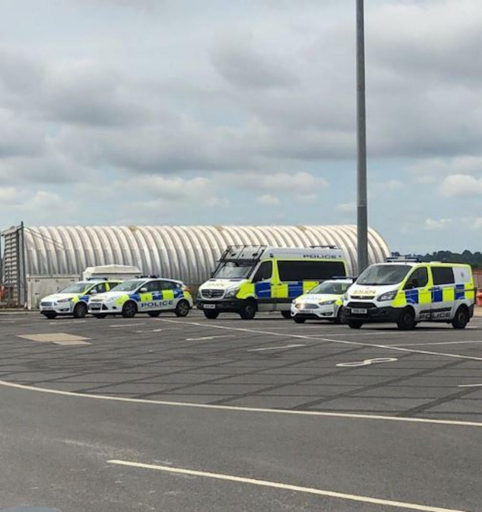 Picture taken with permission from twitter posted by @LandoNorrisClub of police outside Southampton cruise terminal. A passenger dressed as a clown sparked a mass brawl on a P&O cruise ship, according to reports.