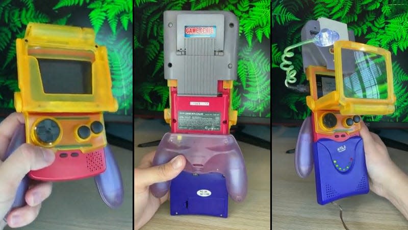 A collage of a Game Boy Color being saddled with more and more attachments.