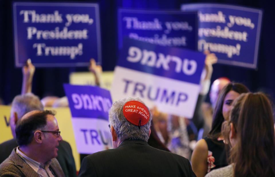 An attendee wears a "Make America Great Again" yarmulke before President Donald Trump speaks at an annual meeting of the Republican Jewish Coalition, Saturday, April 6, 2019, in Las Vegas. (AP Photo/John Locher)