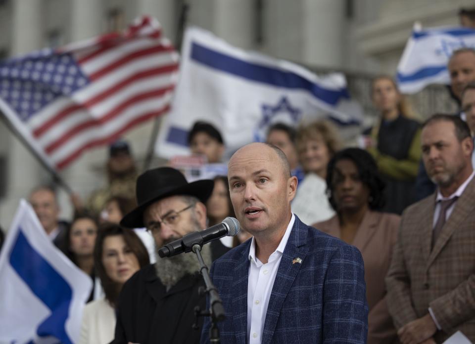 Gov. Spencer Cox speaks at the Stand with Israel rally at the Capitol in Salt Lake City on Wednesday, Oct. 11, 2023. In light of the brutal terrorist attacks against innocent Jewish men, women and children, Chabad of Utah invited the public to stand with Utah’s Jewish community and in support and solidarity of their brothers and sisters in Israel. | Laura Seitz, Deseret News