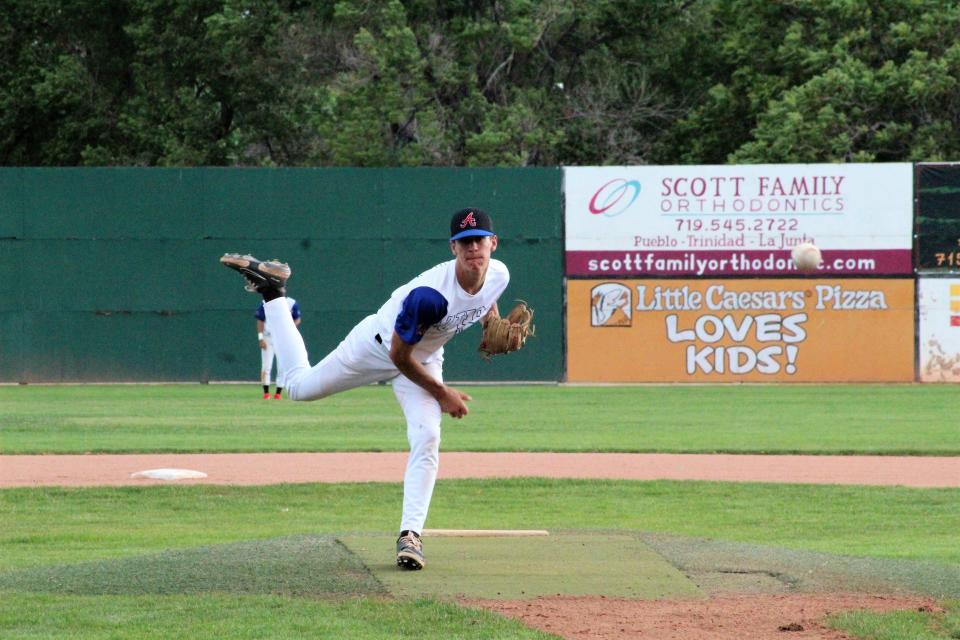 Pueblo Azteca pitcher Andrew Plutt tosses a pitch against Burkburnett during the first game of the day for the Blue team at Runyon Sports Complex on June 16, 2023.