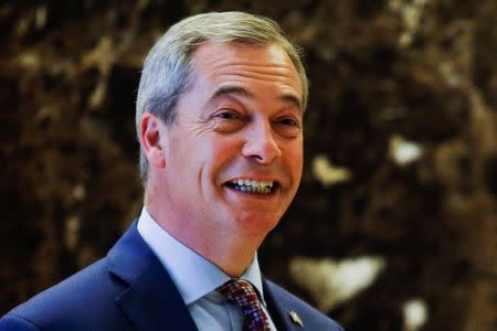 Nigel Farage, leader of the United Kingdom Independence Party (UKIP), arrives at Republican president-elect Donald Trump's Trump Tower in New York, U.S. November 12, 2016. REUTERS/Eduardo Munoz/File Photo